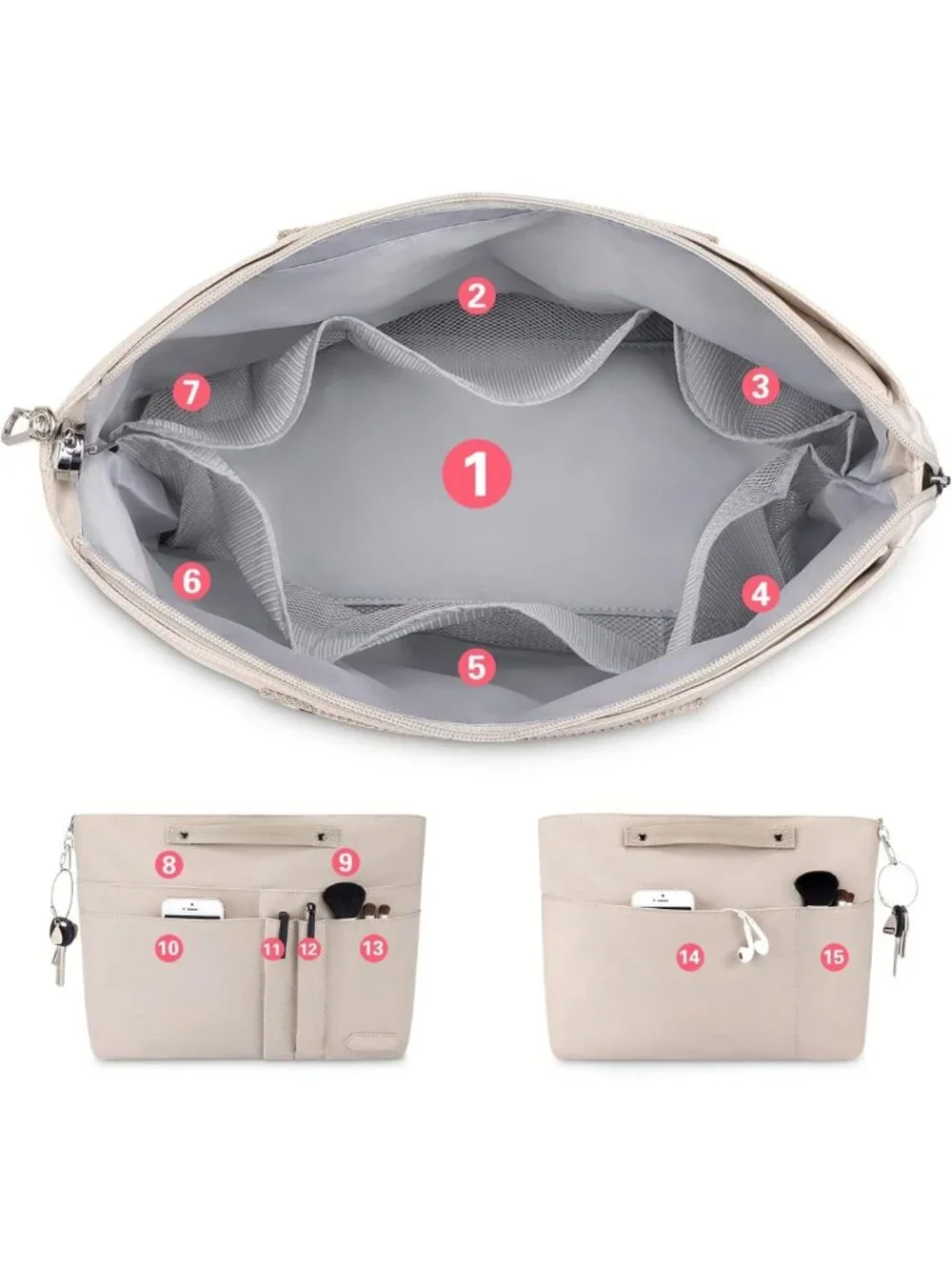 Zippered Handbag Organizer Insert with 15 Pockets for Tote Bags & Purses